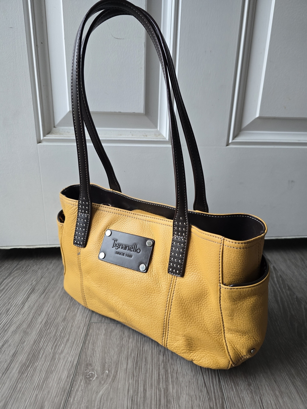 Tignanello Since 1989 Mustard Pebbled Leather Tote Studded Handles Espresso